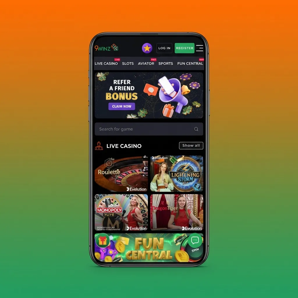 9winz mobile app showing quick-loading game categories and thumb-friendly navigation between sports betting and casino