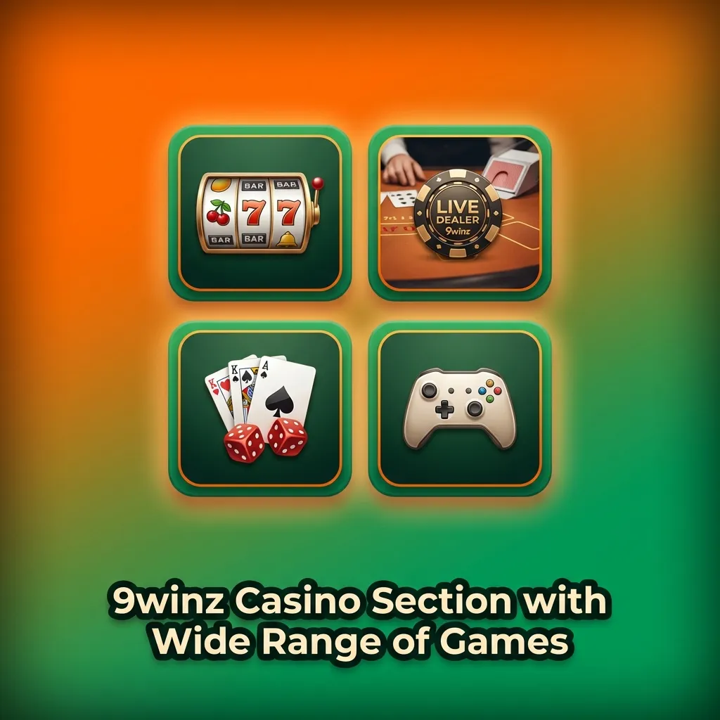 9winz Casino game selection featuring slots, crash games, table games, and jackpot titles on digital display