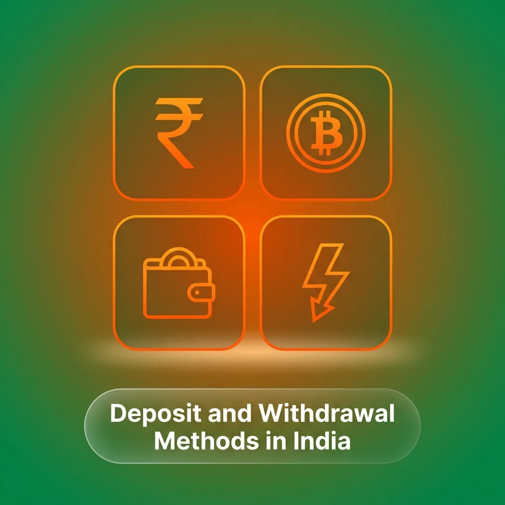 Indian payment options including Visa, Mastercard, UPI, Paytm, PhonePe, and cryptocurrency for deposits and withdrawals