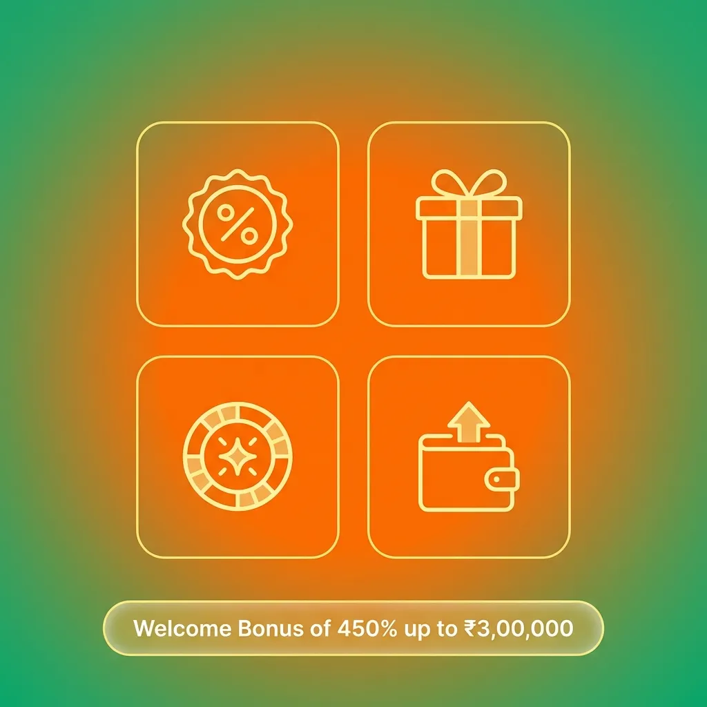 Casino welcome bonus offer showing 450% match up to ₹3,00,000 split across four deposits with wagering requirements