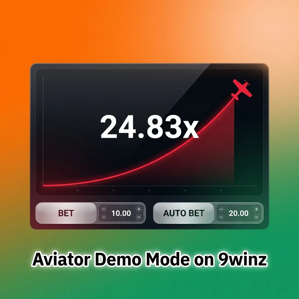 Aviator demo mode interface showing virtual credits, multiplier display, and practice gameplay features on 9winz platform