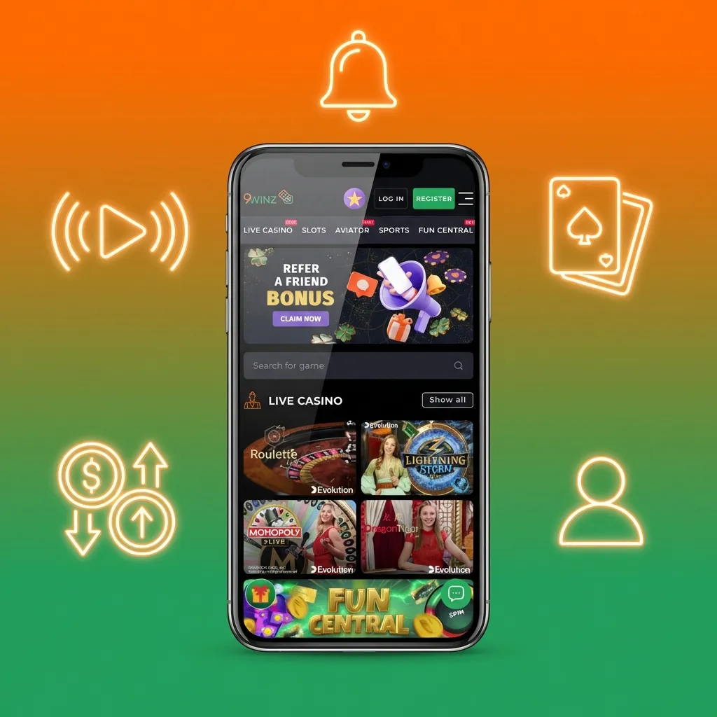 9winz mobile app interface showing casino games, sports betting options, and payment methods on smartphone screen