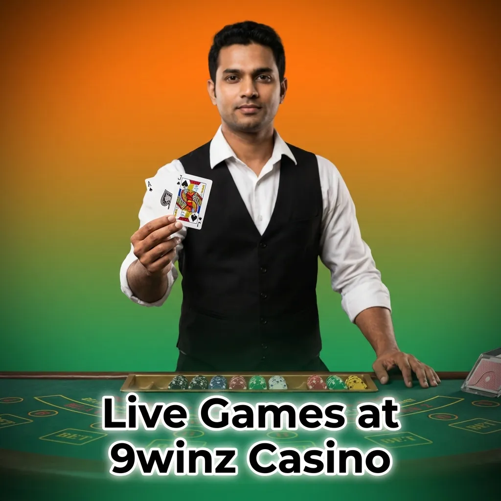 Live dealer games at 9winz Casino showing roulette, blackjack, baccarat, poker, TV games, and Indian games with HD streaming