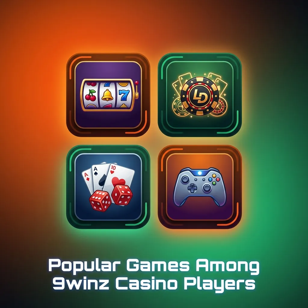 Colorful casino game interface showing slot reels, roulette wheel, and live dealer table at 9winz Casino