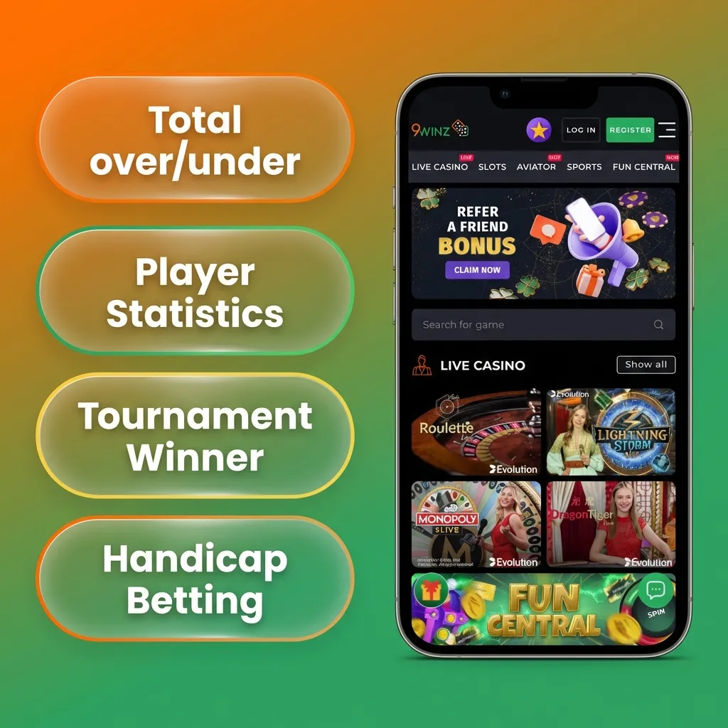 9winz app betting options including single, accumulator, system, handicap, and over/under bet types displayed visually