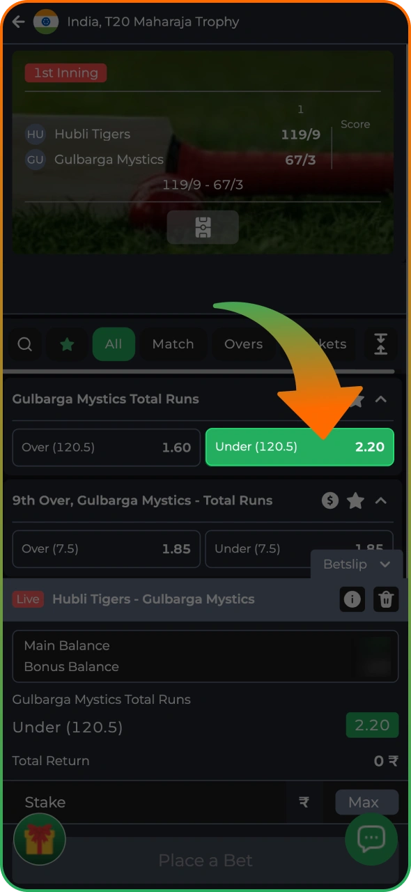 Choose the odds and start the betting process at 9winz app.