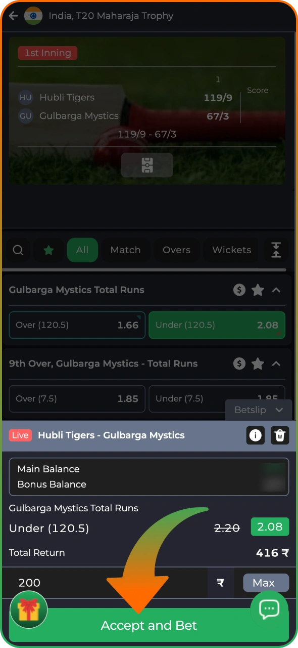 Enter the amount of stake and confirm your bet on 9winz app.