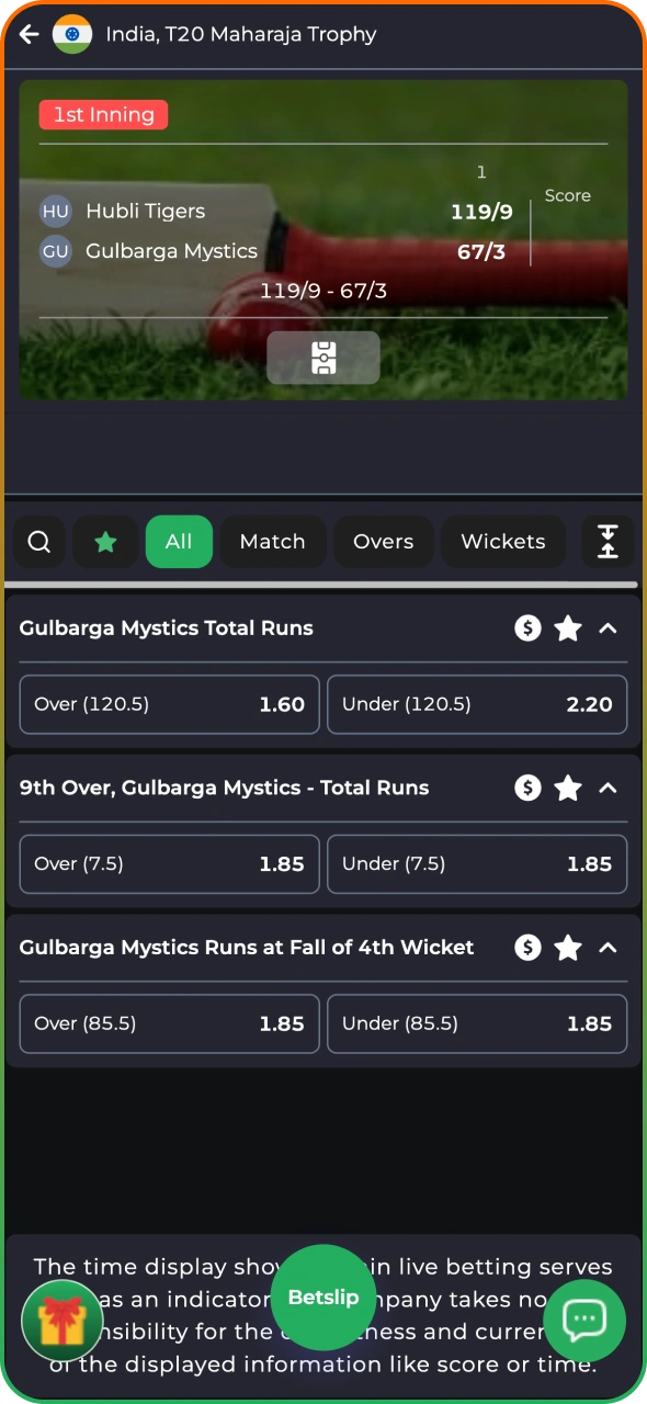 Select your favourite match and tournament on 9winz app.