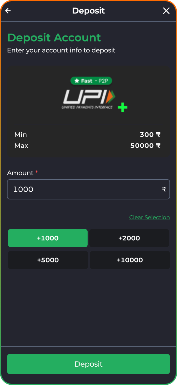 Enter the amount of deposit to top up your 9winz account.