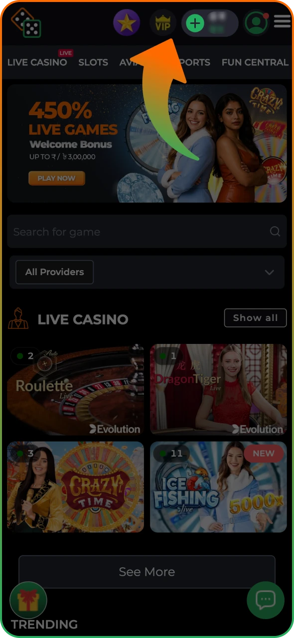Navigate to cashier section on the 9winz app.