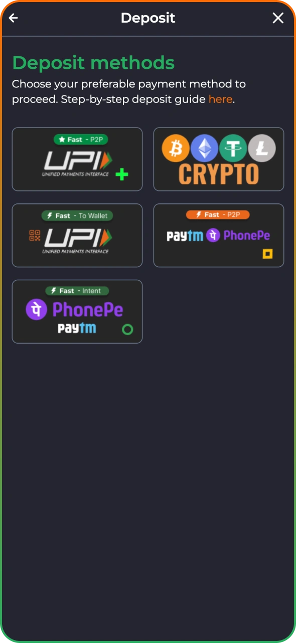 Select a payment method that you want to deposit on 9winz.