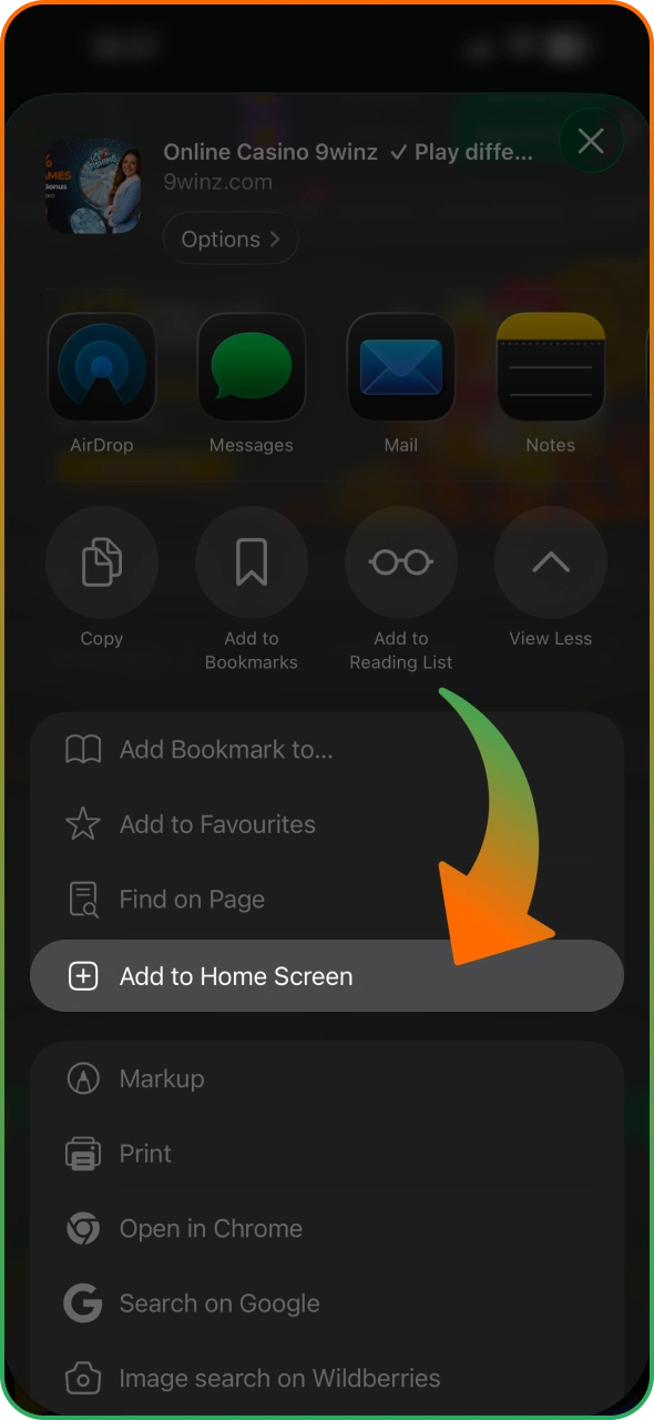 Choose Add to Home Screen option to download 9winz app.