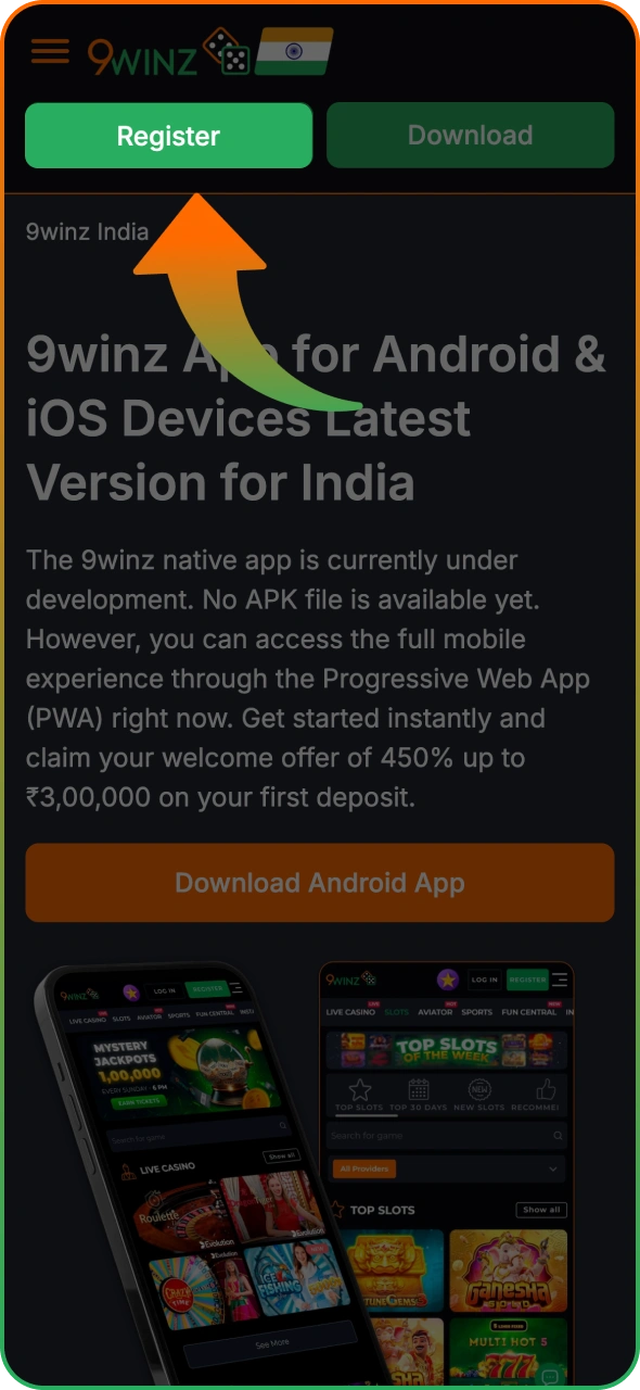 Click the button to start 9winz download process on iOS.