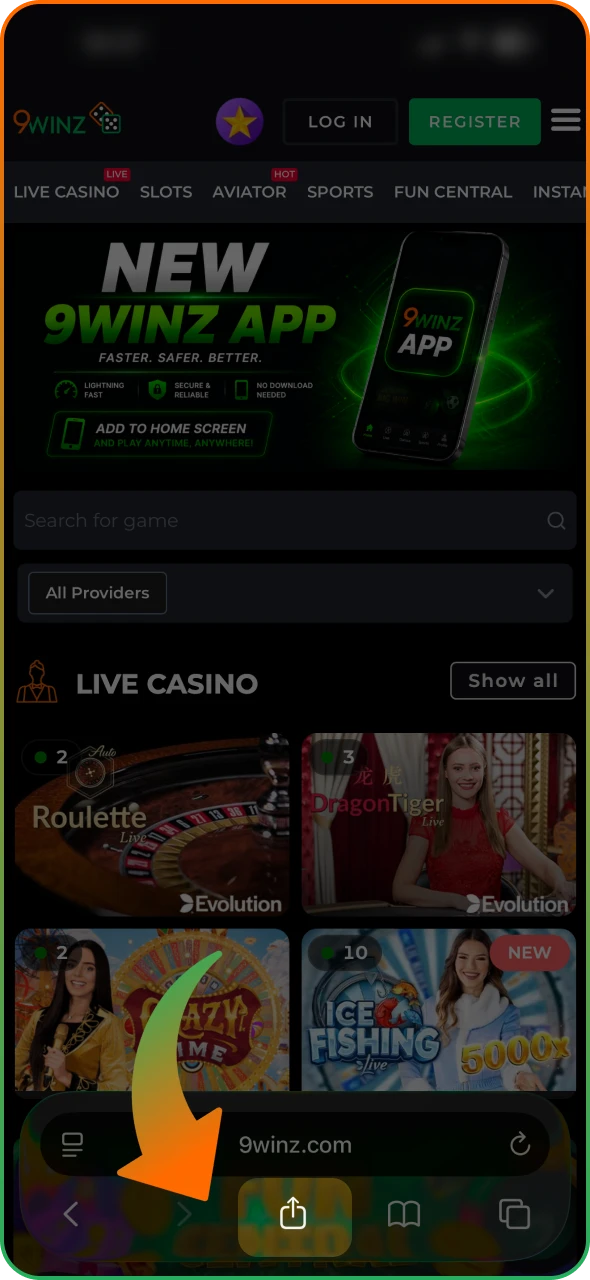 Tap the share button on your browser at 9winz.