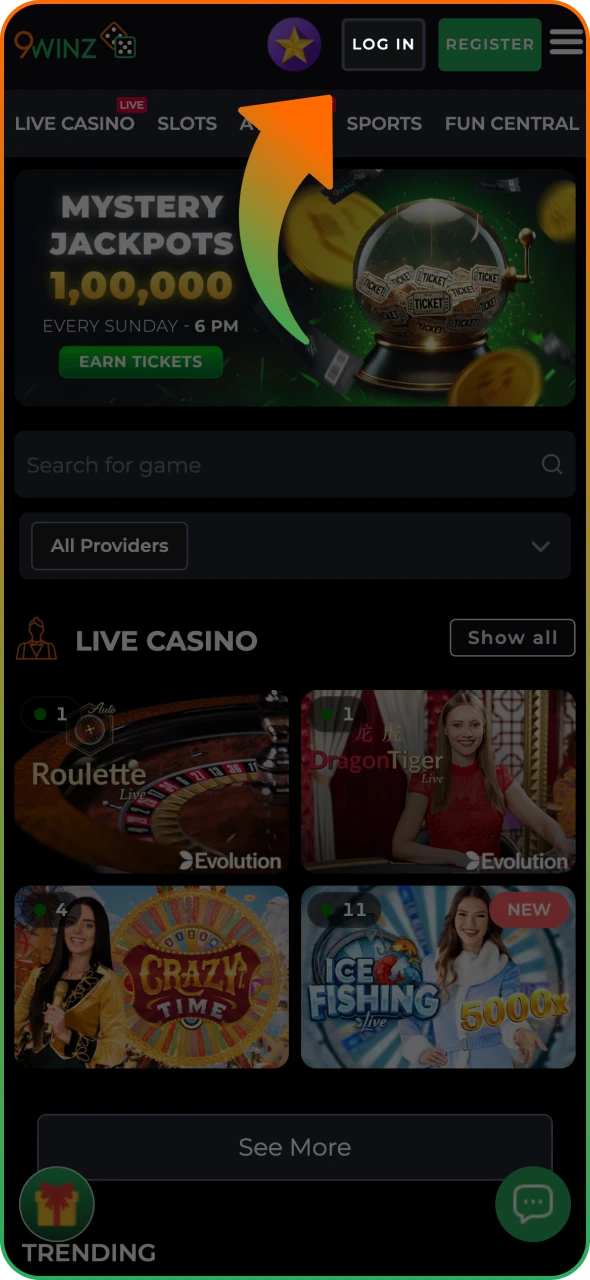 Click the login button on 9winz app home page.