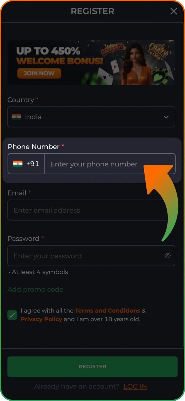 Enter your mobile number on 9winz register from.