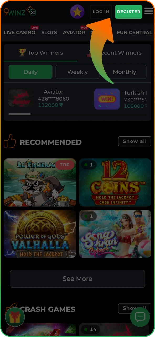 Tap the register button on 9winz app main page.