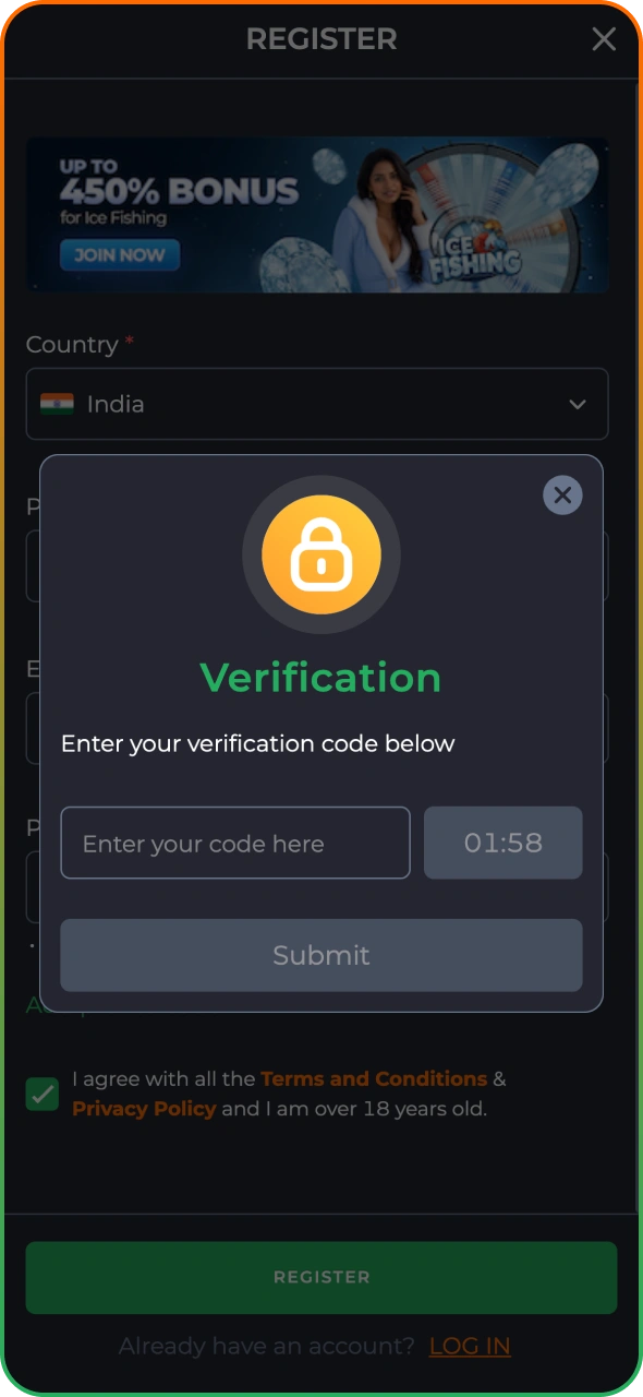 Enter the 9winz code that was sent to your mobile number.
