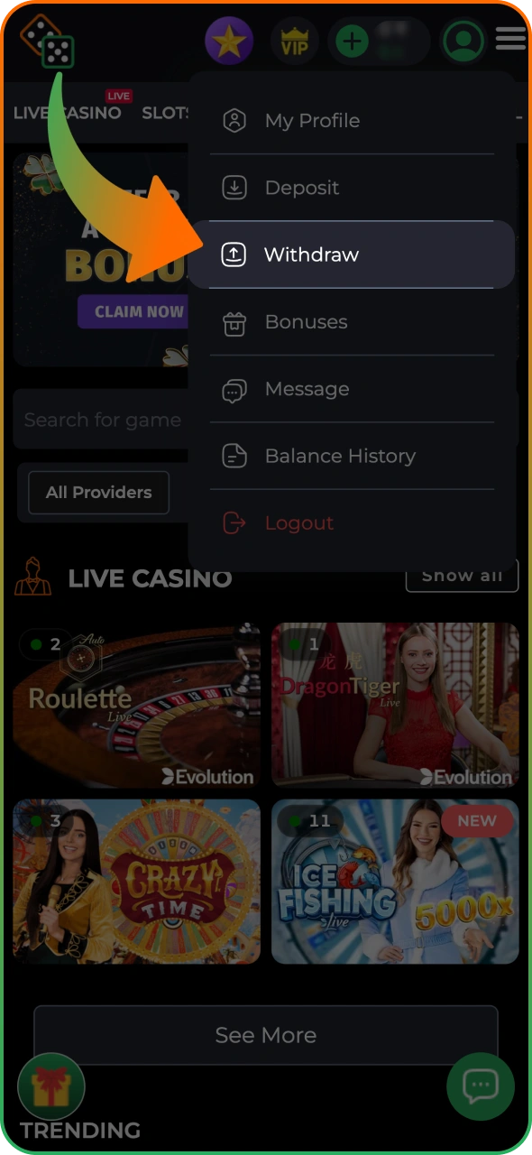 Find the withdrawal section on your 9winz app account.