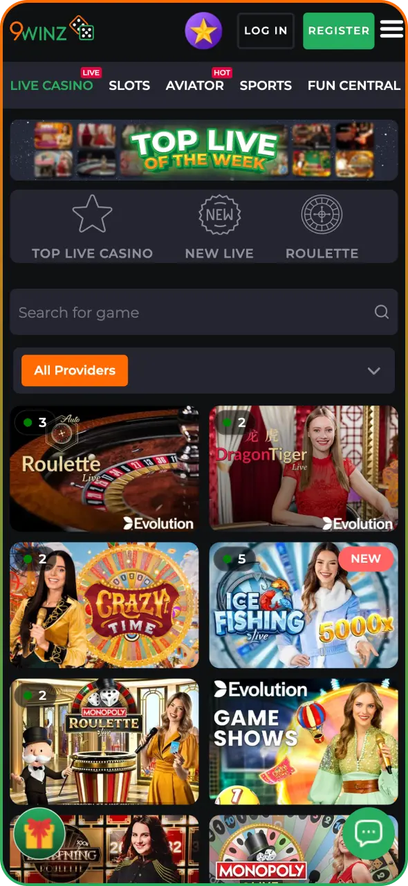 Explore casino section of 9winz website.