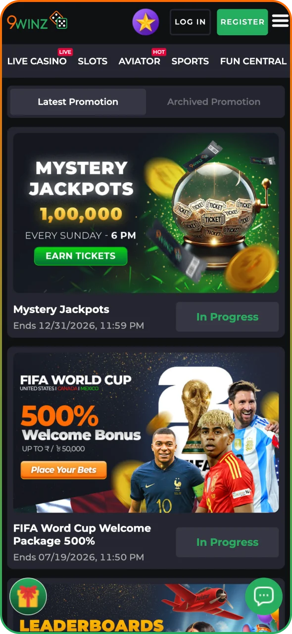 Take advantage of 9winz generous bonuses and promotions.