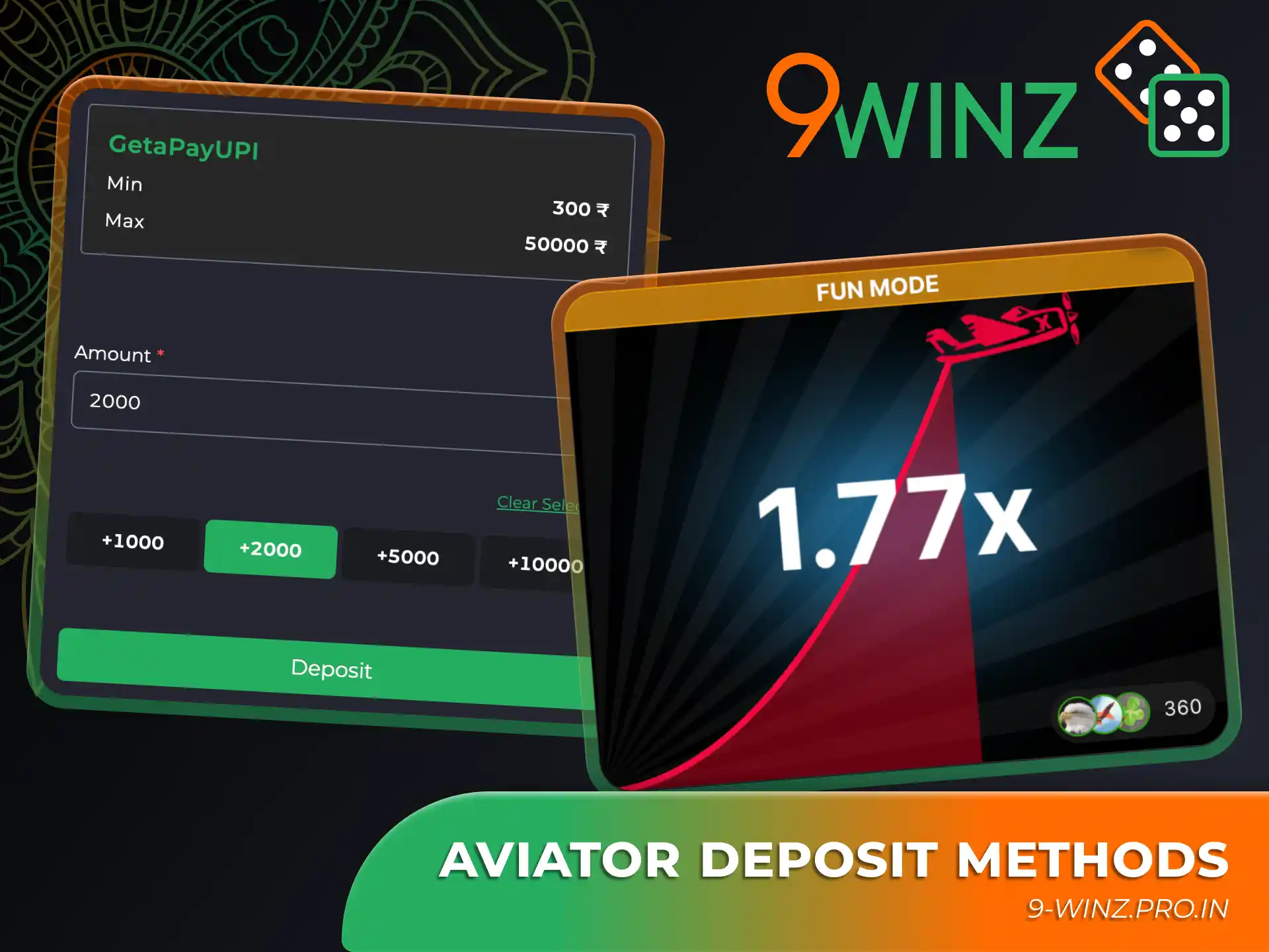 9winz offers you various deposit methods for Aviator game.