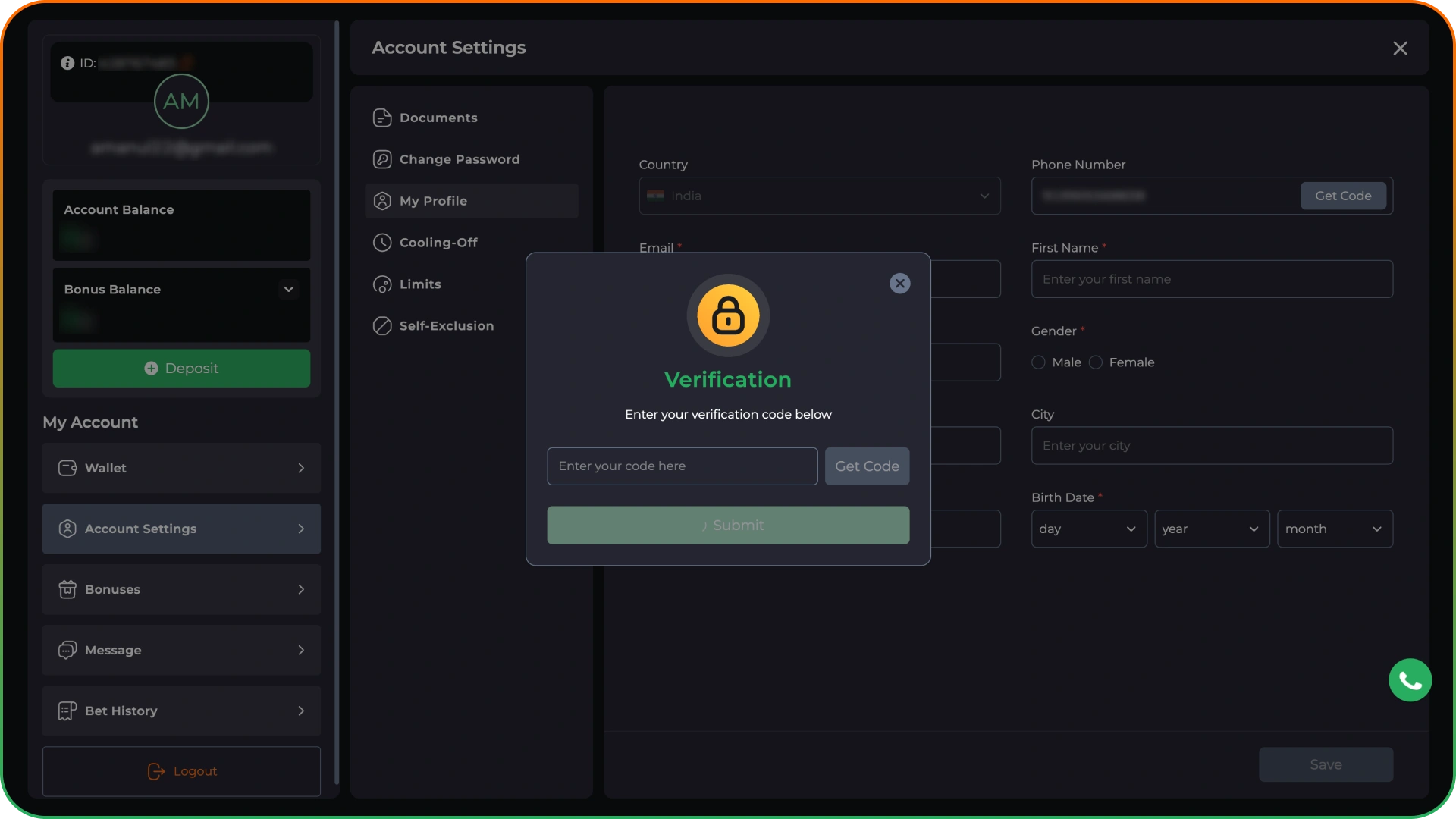Go through the account verification process at 9winz.