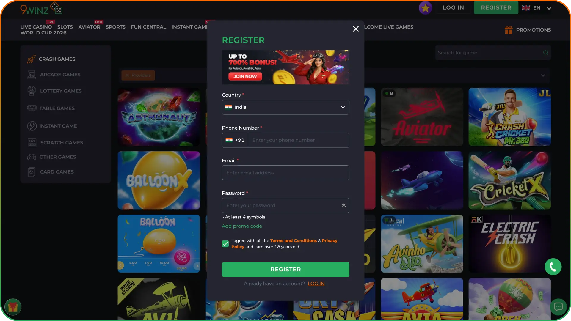 Start with creating your account at 9winz casino platform.
