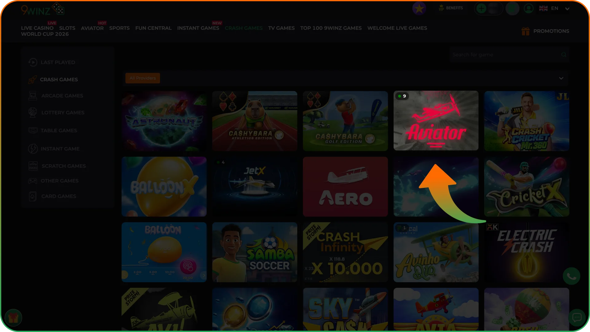 Open 9winz crash games section and find the Aviator game.