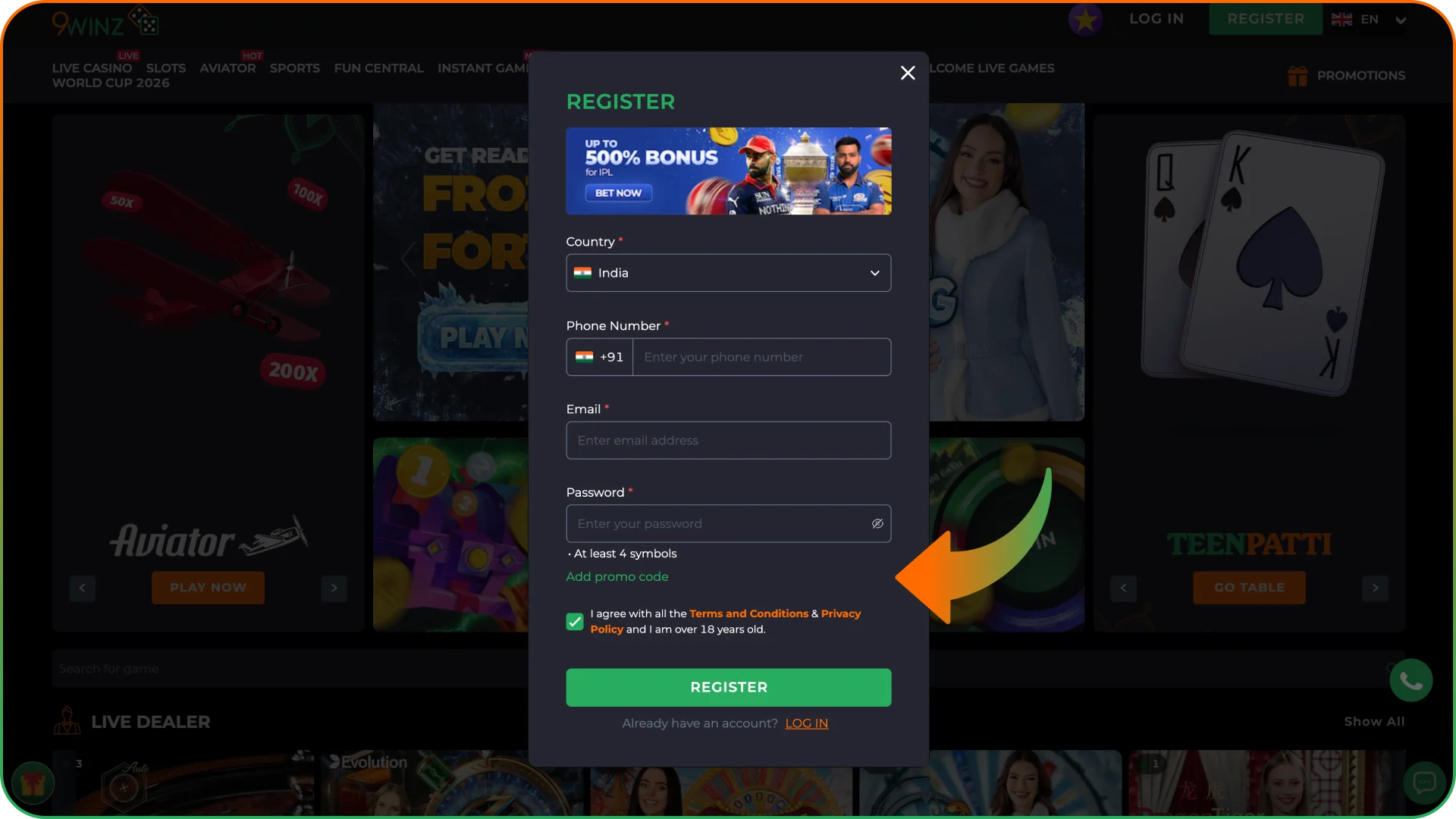 Complete registration at 9winz online casino platform.