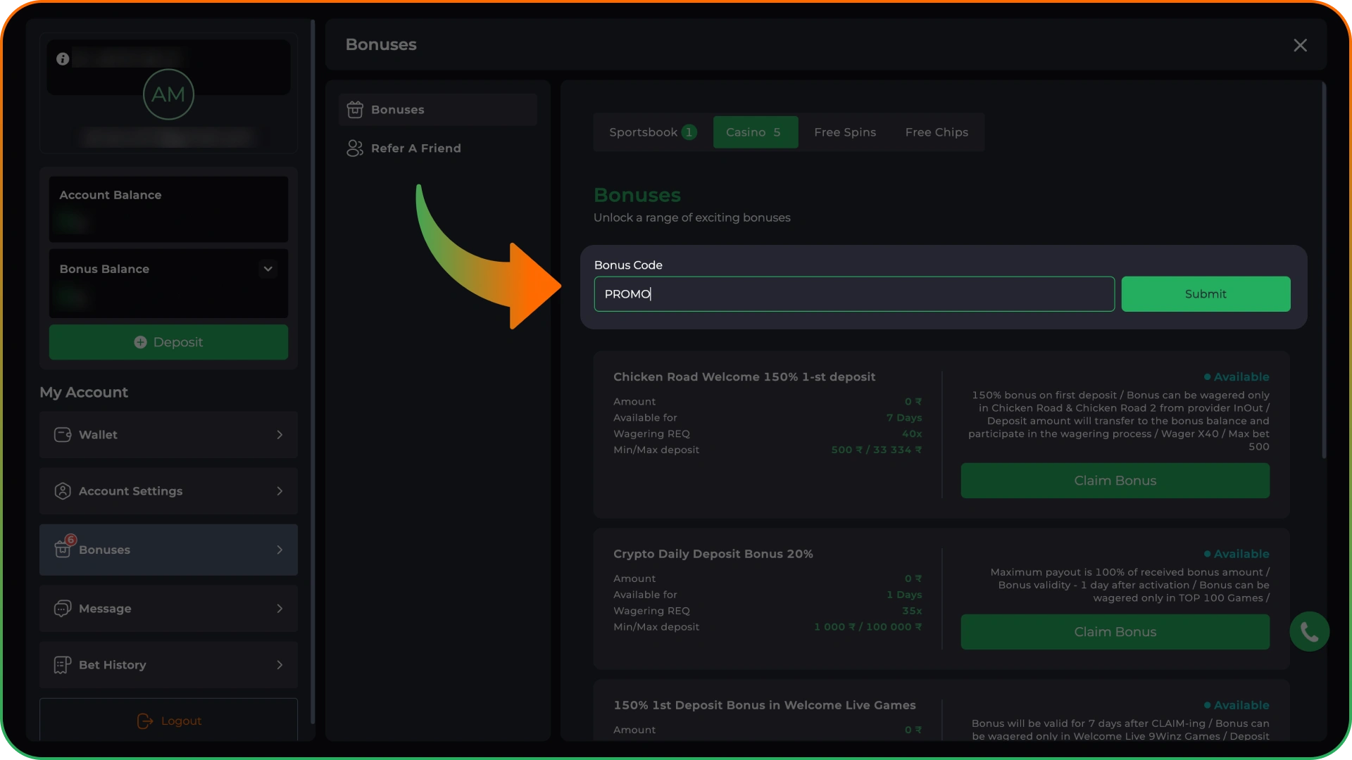 Enter the promo code to increase your bonuses at 9winz.