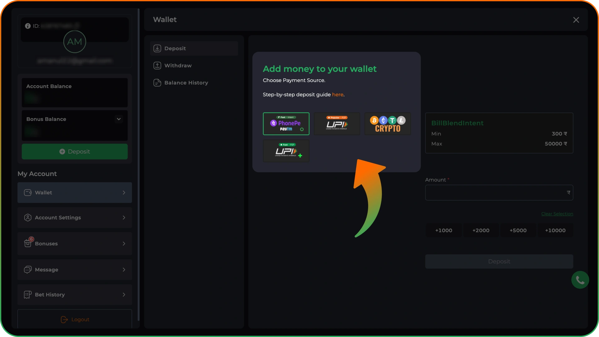 Choose the method you want to deposit at 9winz.
