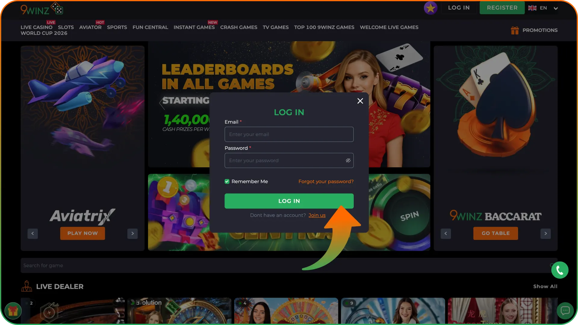 Enter your registered 9win account using your credentials.