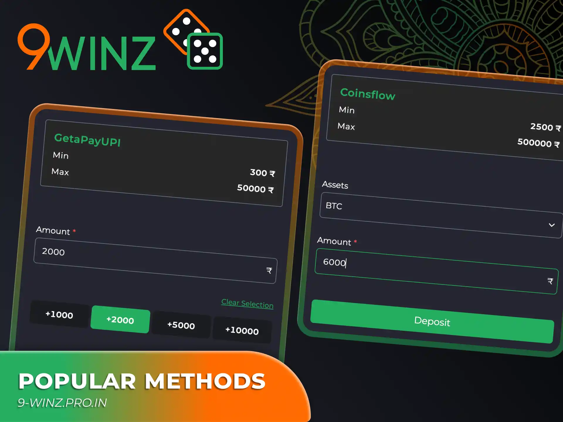 Check out the popular deposit methods at 9winz platform.