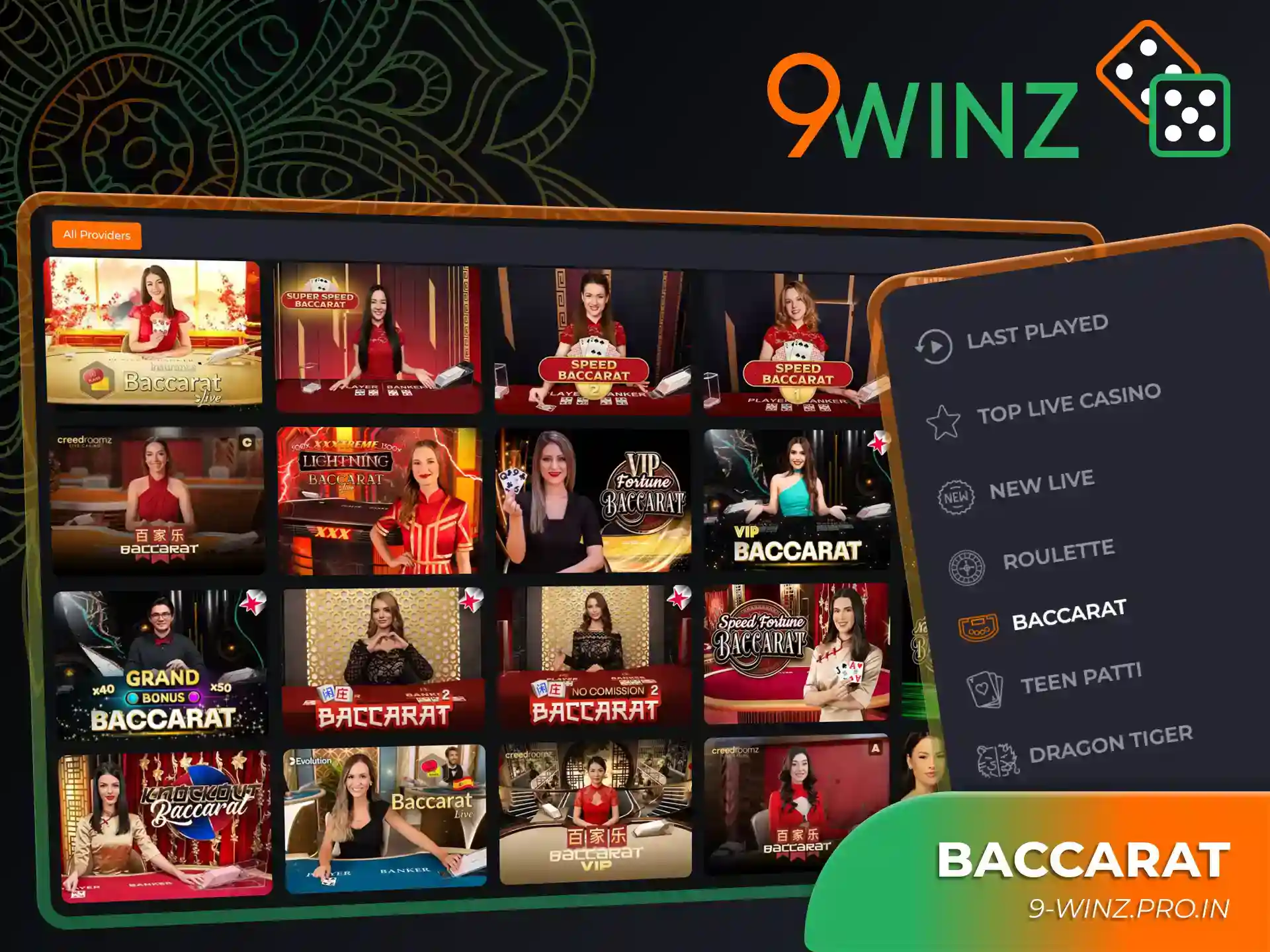 Explore the baccarat section at 9winz casino platform.