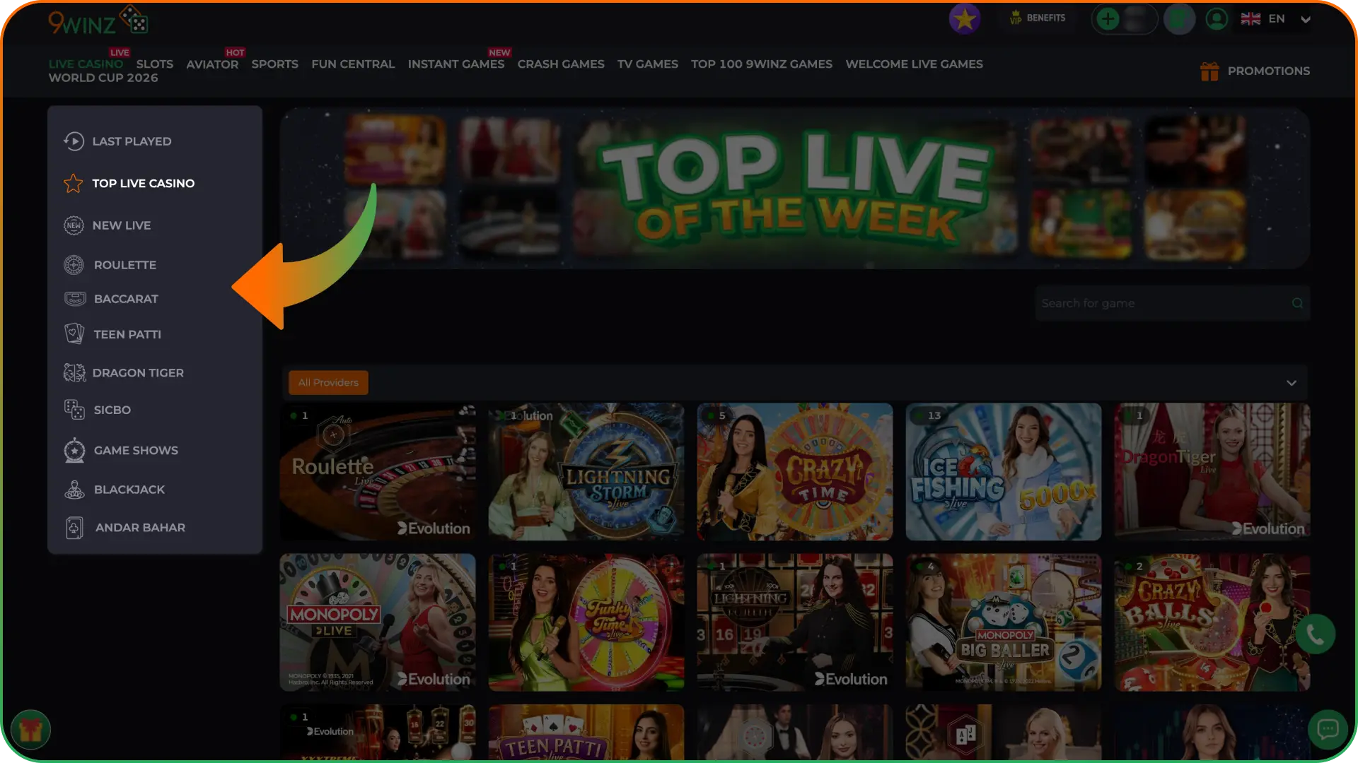 Go to 9winz live casino section to choose a game.