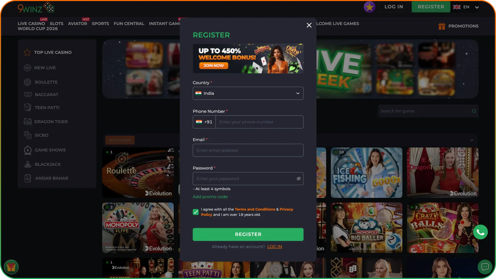 Create a new account at 9winz casino platform.