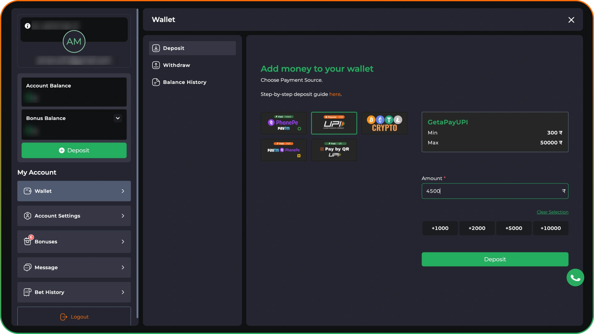 Top up your 9winz casino balance.