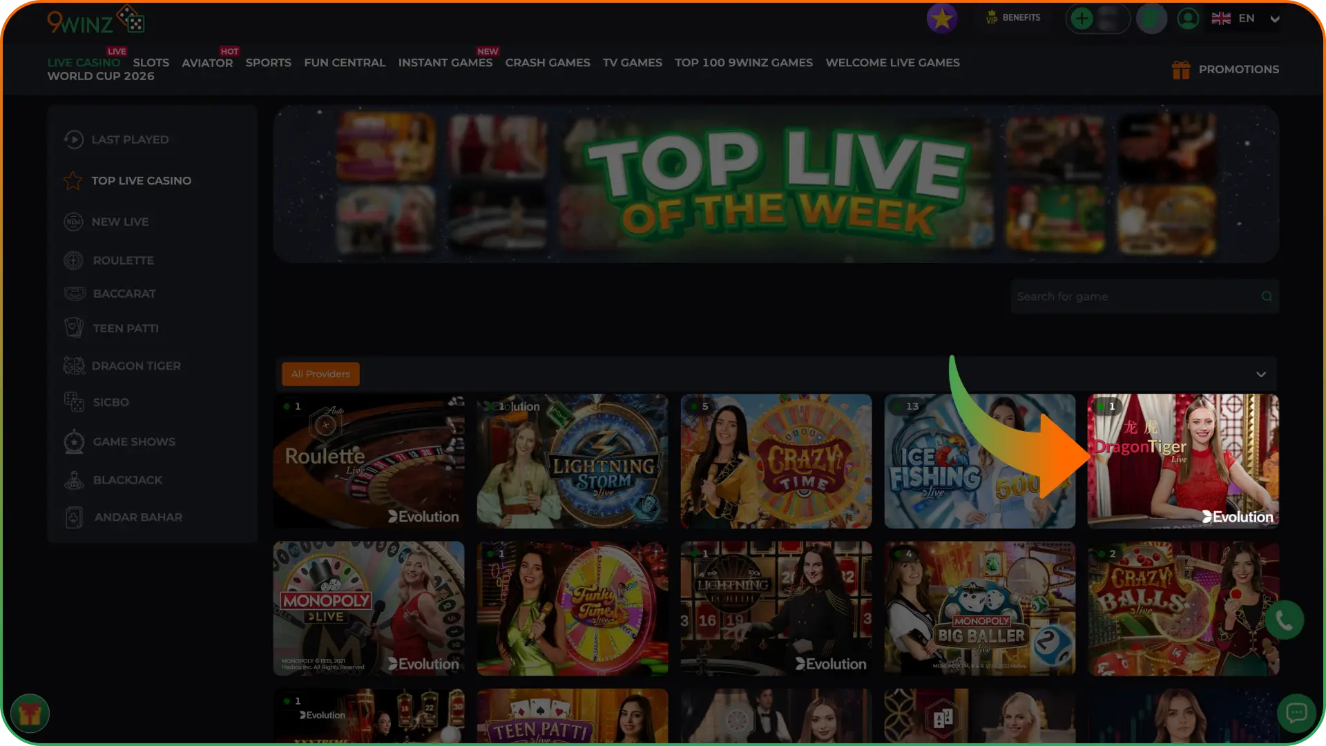 Select your preferred live table at 9winz casino.