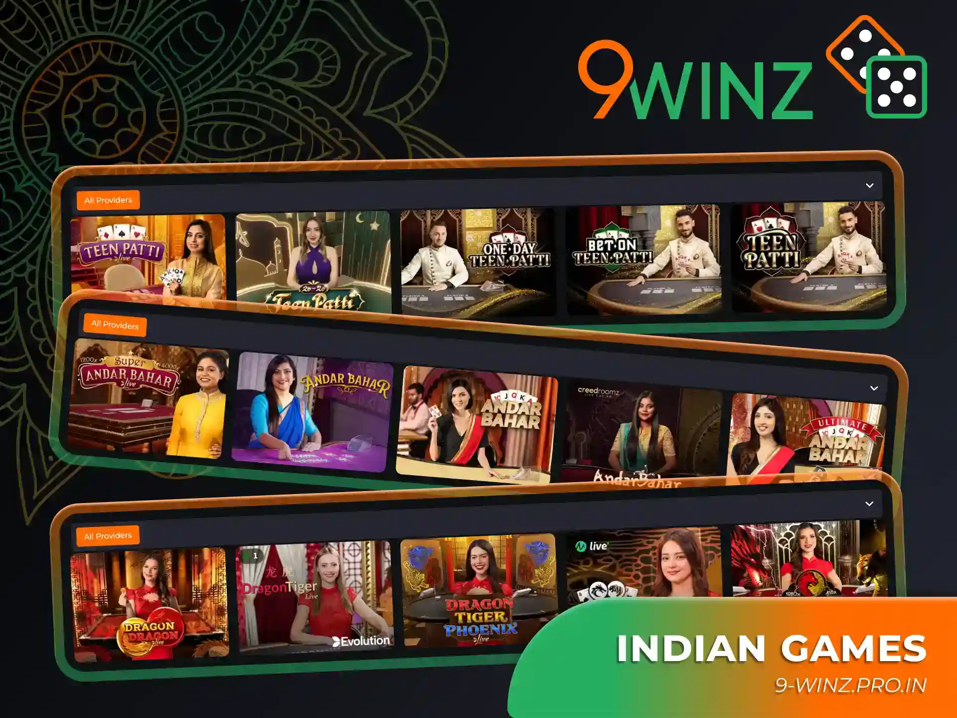 Discover the Indian live games from popular providers at 9winz.