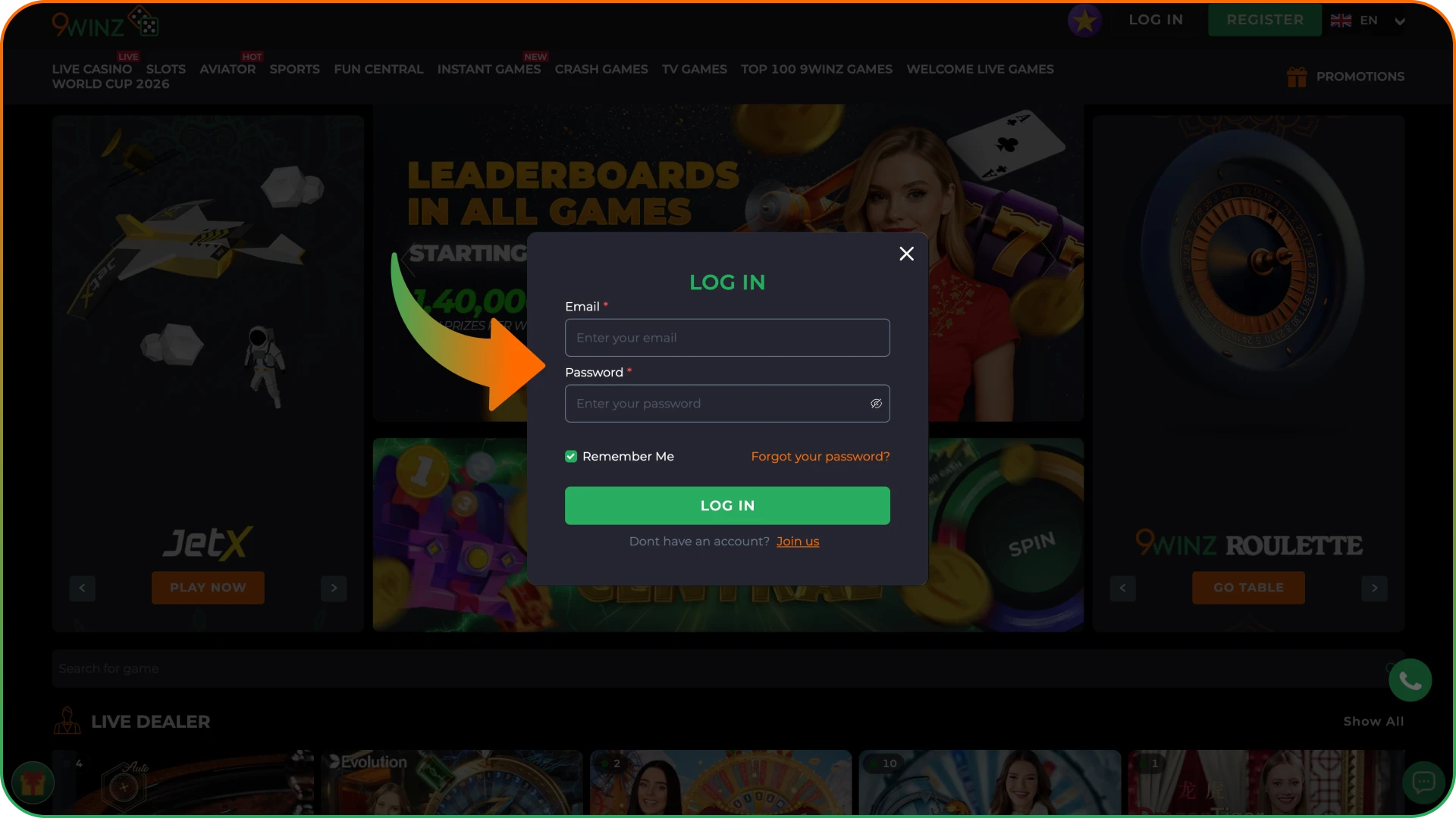 Enter your email and password to access 9winz account.