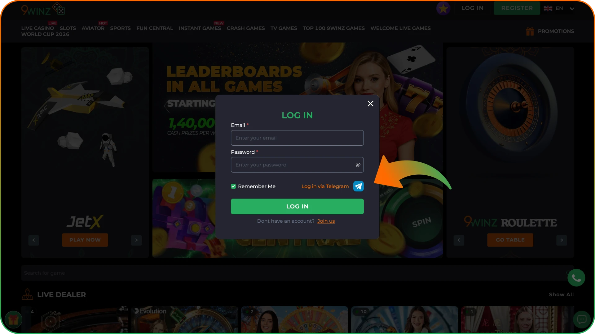 Use social login if you registered that way at 9winz.