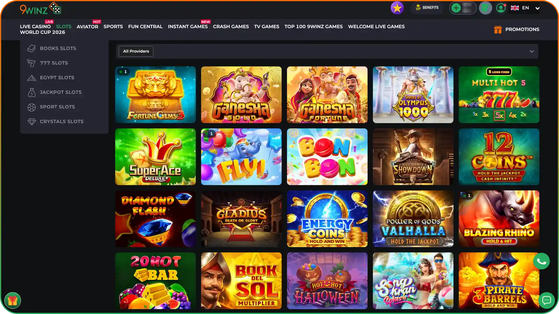 Go to 9winz casino section to choose a slot to play.