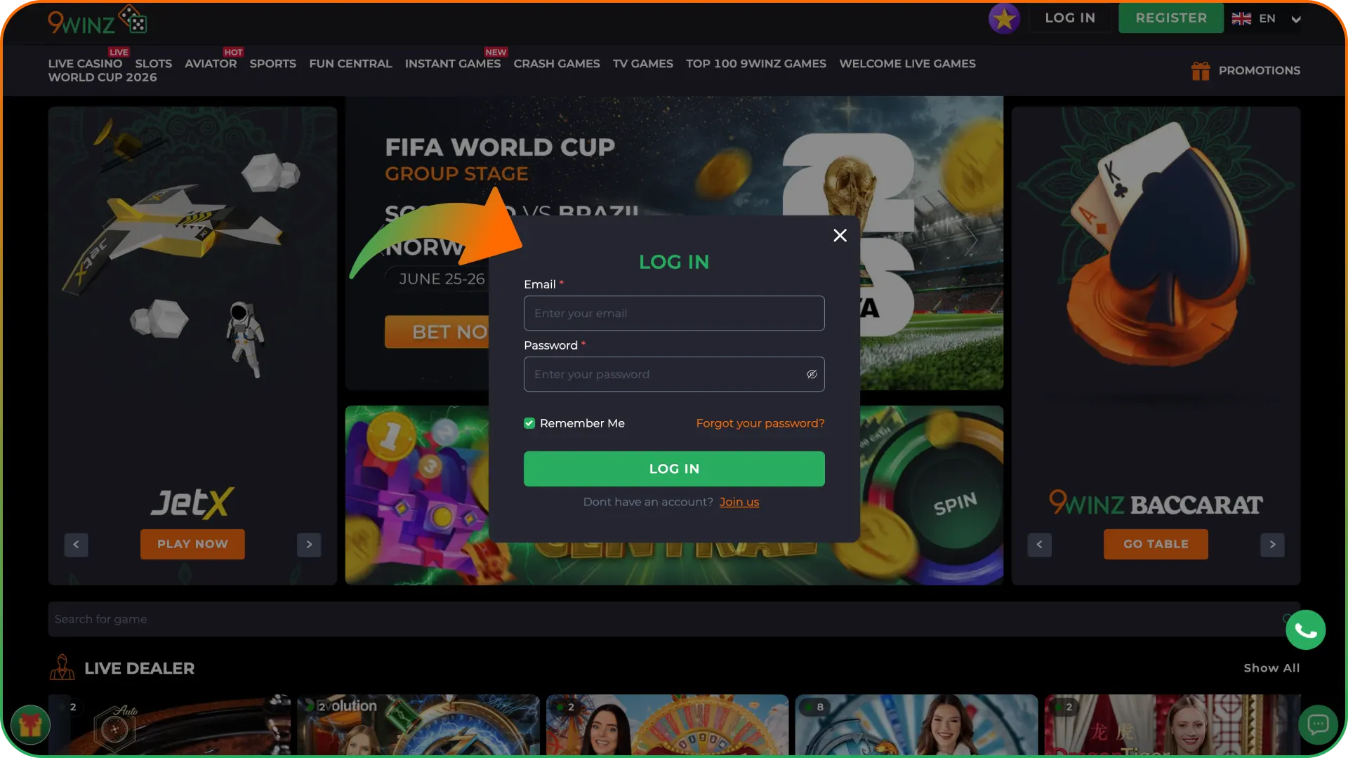 Enter your account at 9winz casino platform.