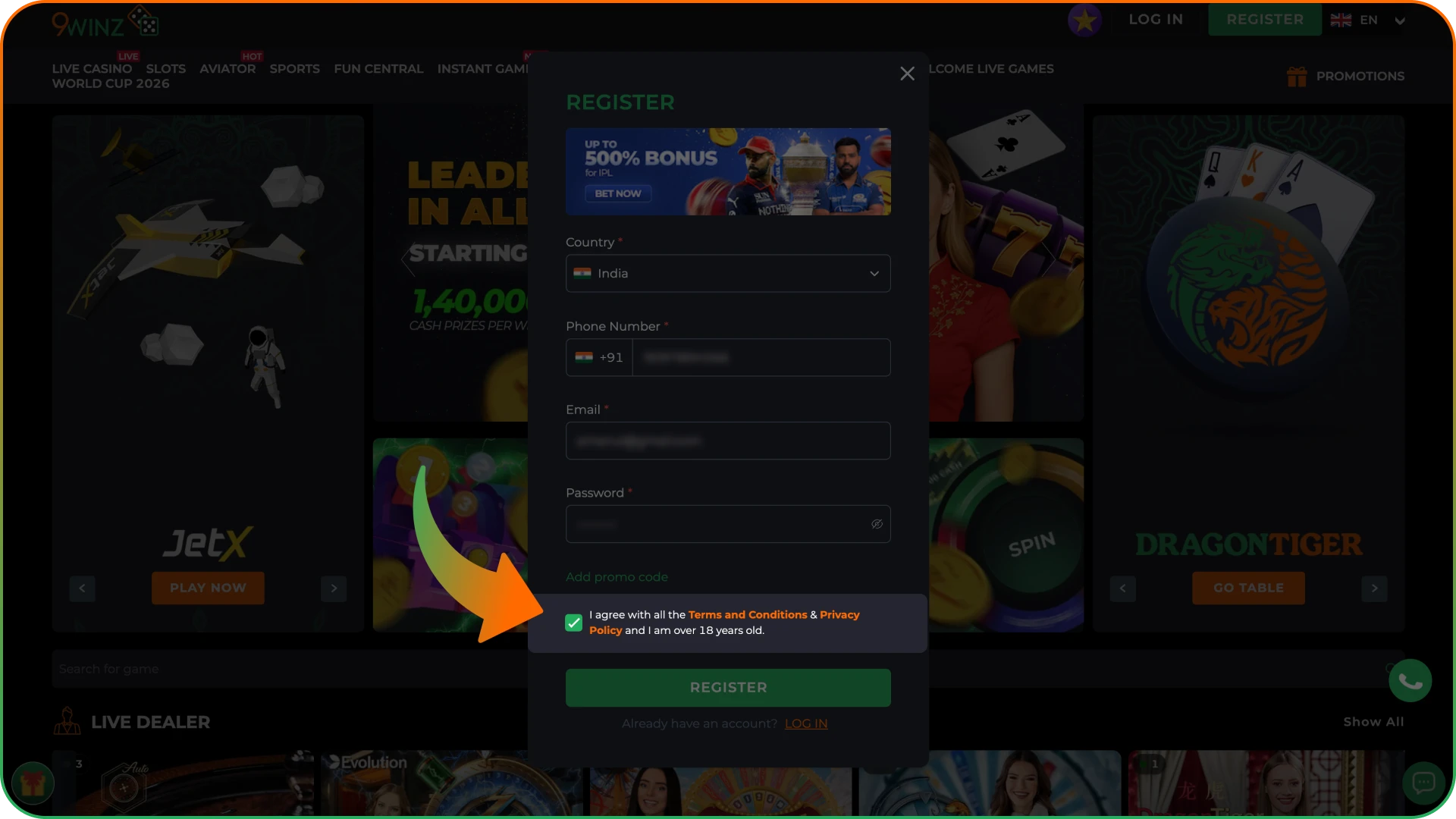Check the box to agree to the 9winz platform's terms.