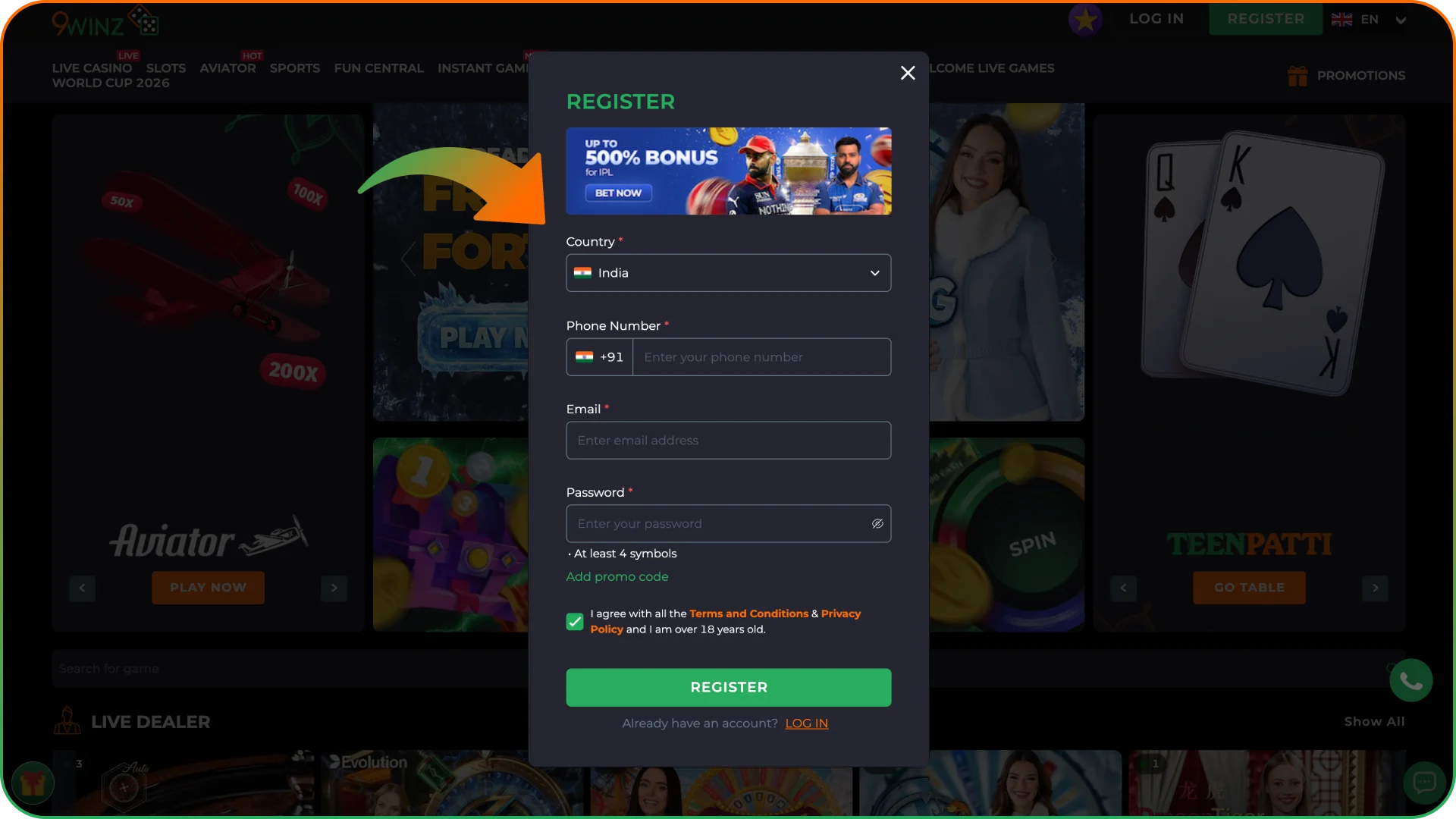 Choose how you'd like to register at 9winz casino platform.