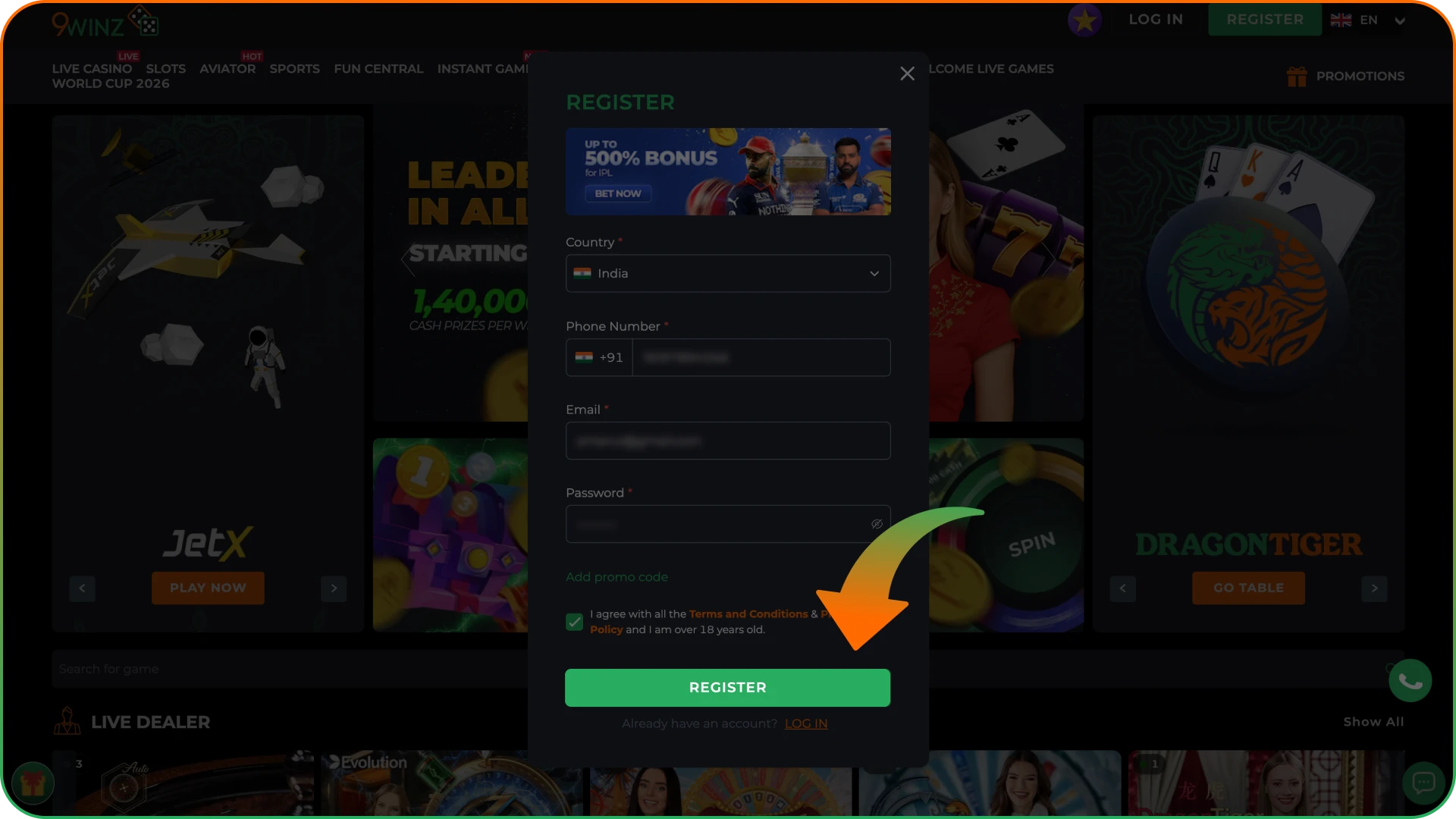 Click the button to confirm the 9winz register process.