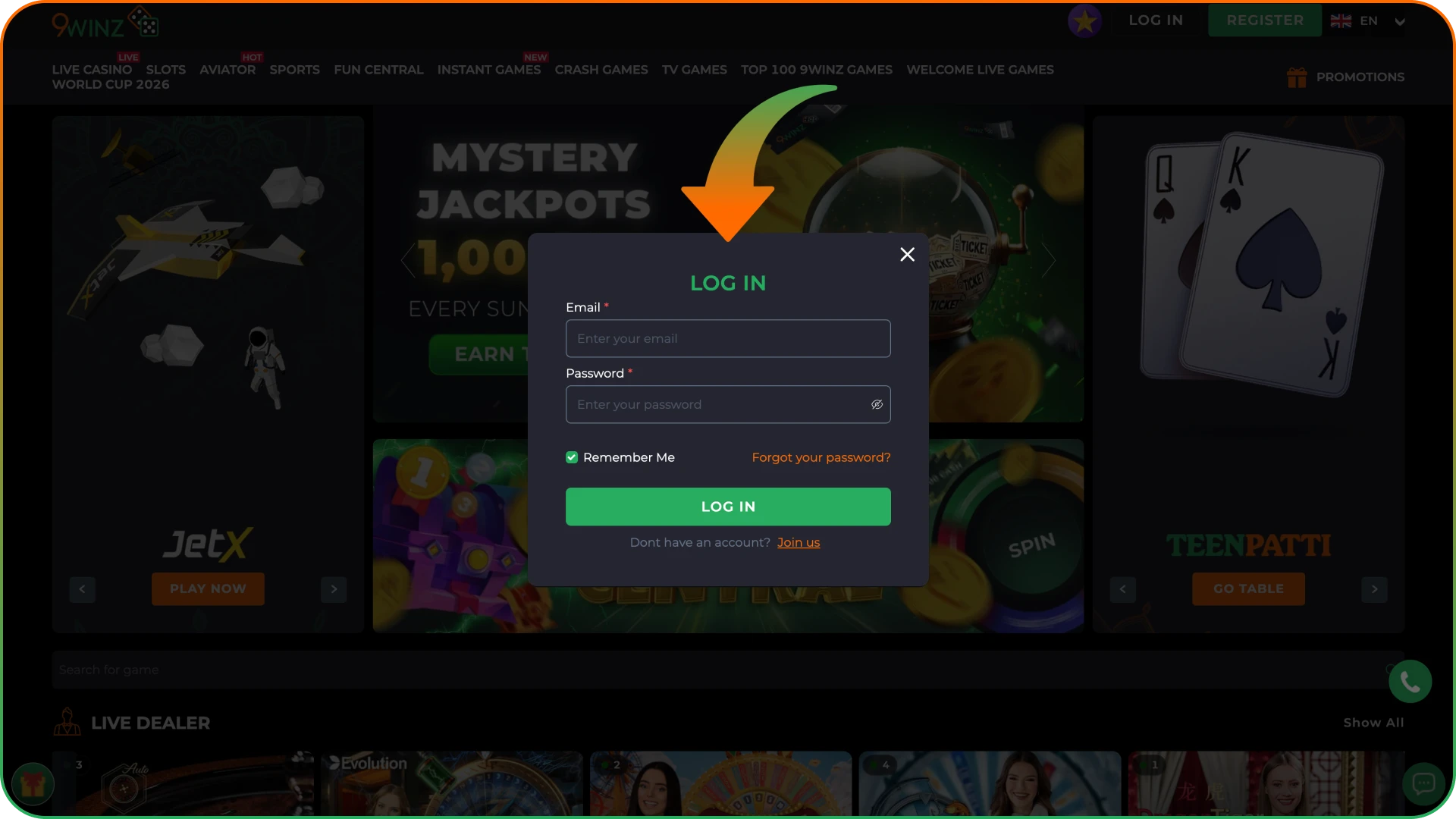 Enter your 9winz account through the login form.