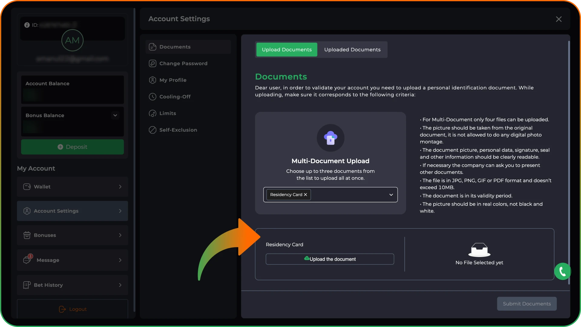 Provide your proof of address at 9winz verification section.