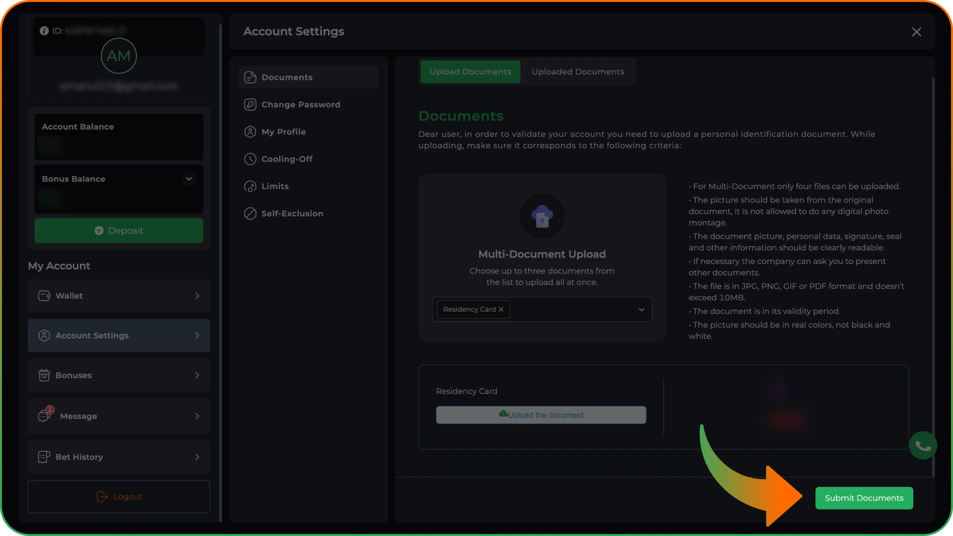 After uploading your documents click submit at 9winz.